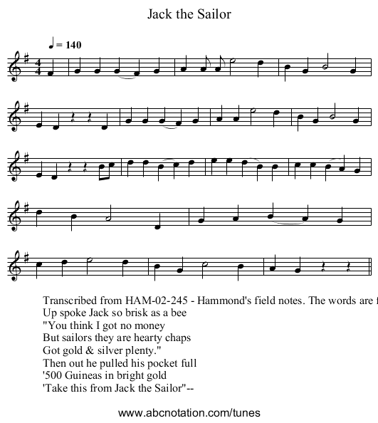 Jack the Sailor - staff notation