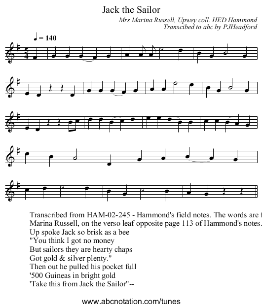 Jack the Sailor - staff notation