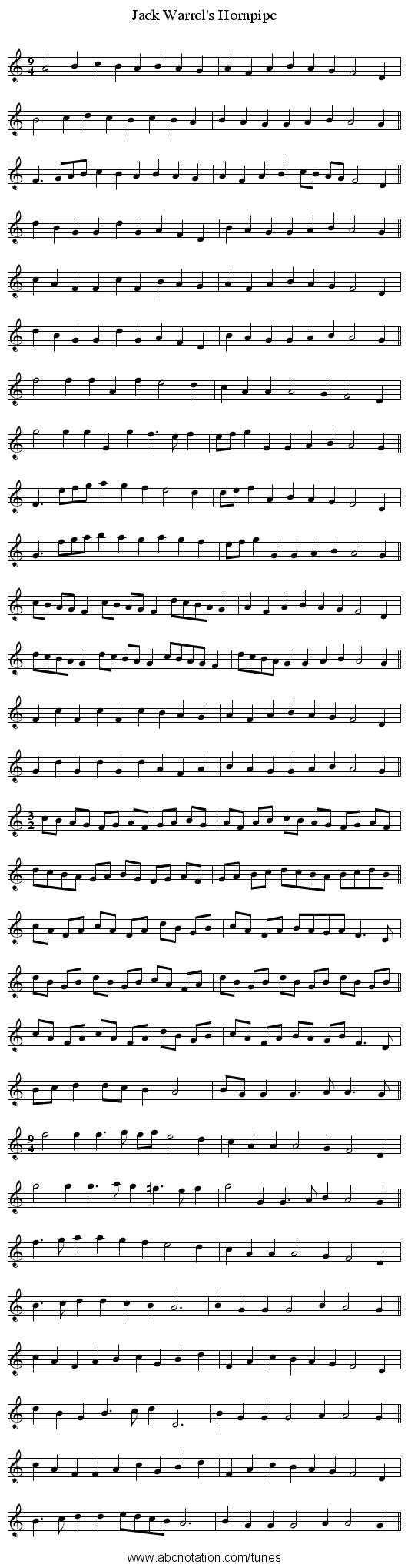 Jack Warrel's Hornpipe - staff notation