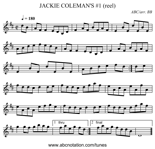 JACKIE COLEMAN'S #1 (reel) - staff notation