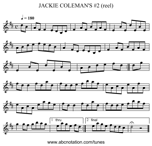 JACKIE COLEMAN'S #2 (reel) - staff notation