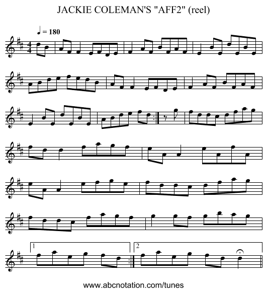 JACKIE COLEMAN'S AFF2 (reel) - staff notation