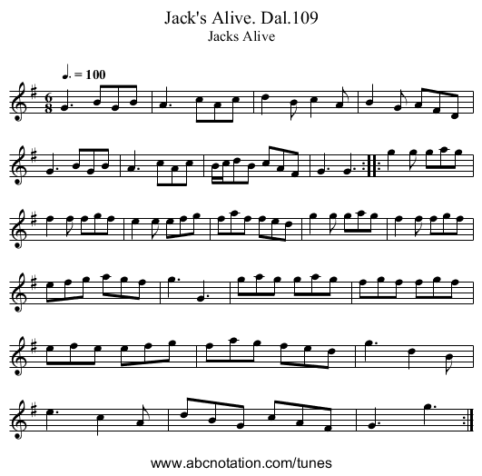 Jack's Alive. Dal.109 - staff notation