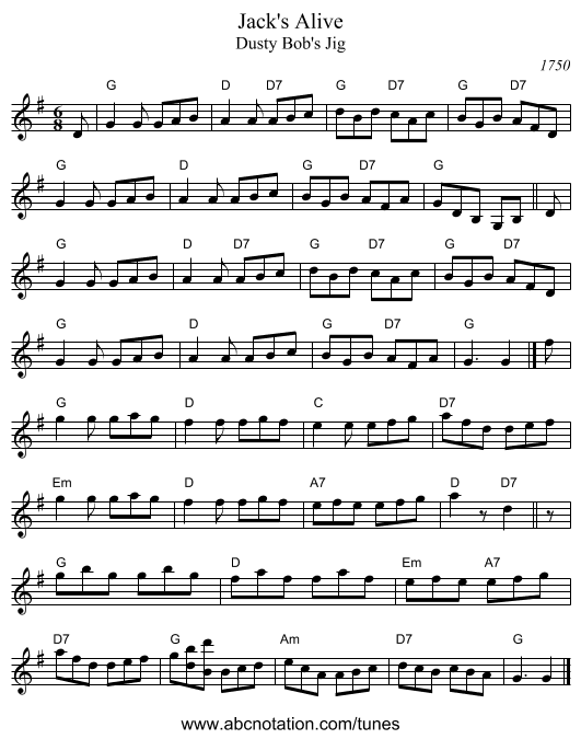 Jack's Alive - staff notation