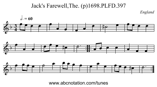 Jack's Farewell,The. (p)1698.PLFD.397 - staff notation