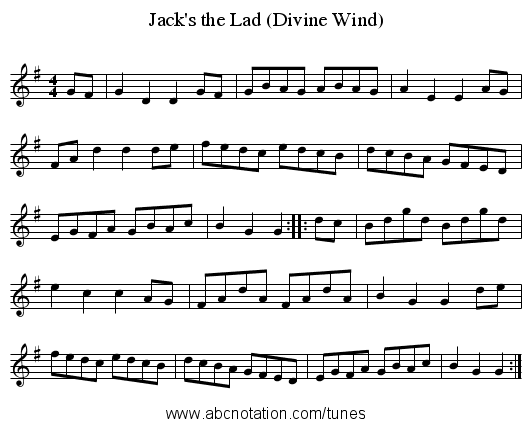 Jack's the Lad (Divine Wind) - staff notation