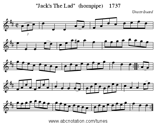 Jack's The Lad  (hornpipe)    1737 - staff notation