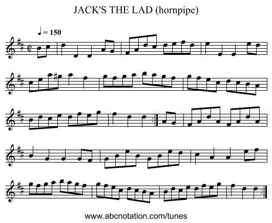 JACK'S THE LAD (hornpipe) - staff notation
