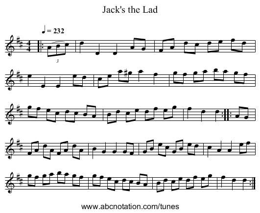 Jack's the Lad - staff notation