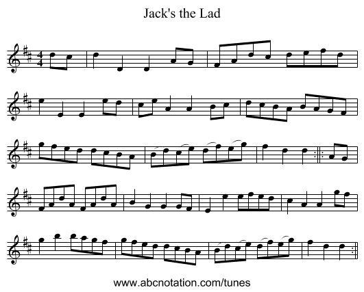Jack's the Lad - staff notation