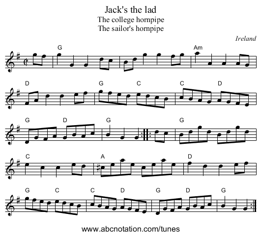 Jack's the lad - staff notation