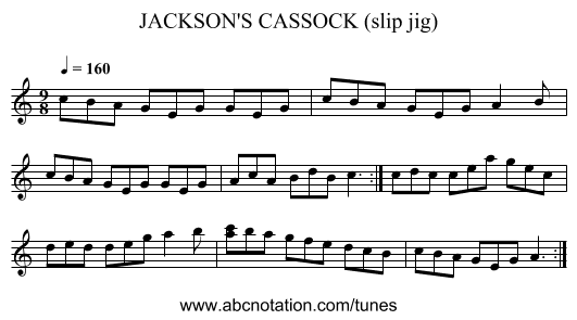 JACKSON'S CASSOCK (slip jig) - staff notation