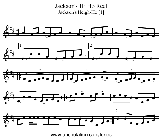 Jackson's Hi Ho Reel - staff notation