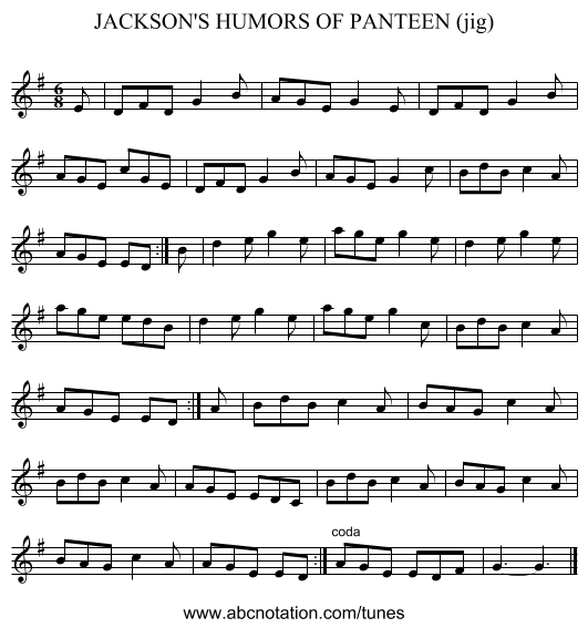 JACKSON'S HUMORS OF PANTEEN (jig) - staff notation