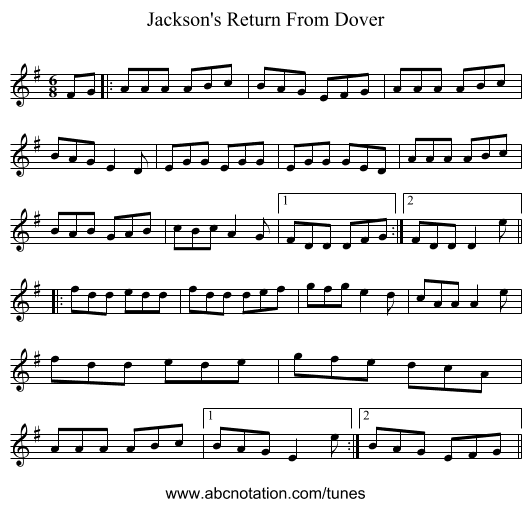 Jackson's Return From Dover - staff notation