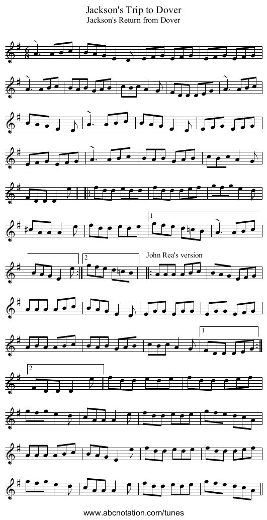 Jackson's Trip to Dover - staff notation