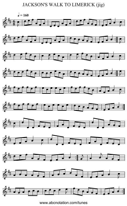 JACKSON'S WALK TO LIMERICK (jig) - staff notation