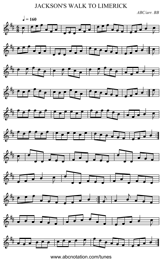 JACKSON'S WALK TO LIMERICK - staff notation