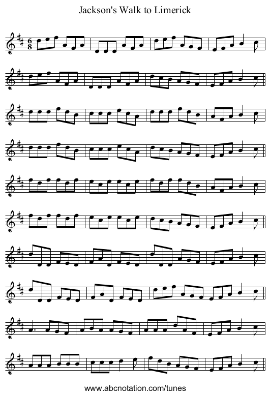 Jackson's Walk to Limerick - staff notation
