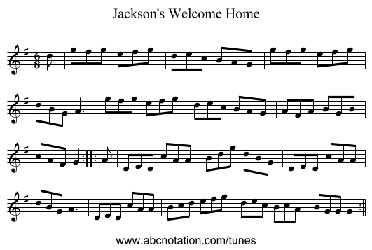 Jackson's Welcome Home - staff notation