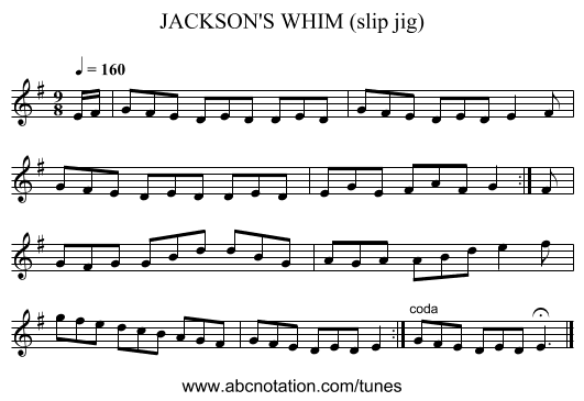 JACKSON'S WHIM (slip jig) - staff notation
