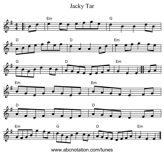 Jacky Tar - staff notation