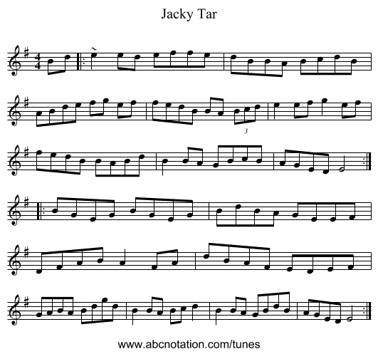 Jacky Tar - staff notation