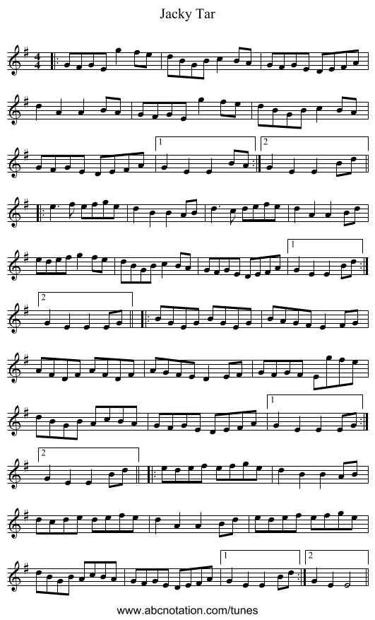 Jacky Tar - staff notation