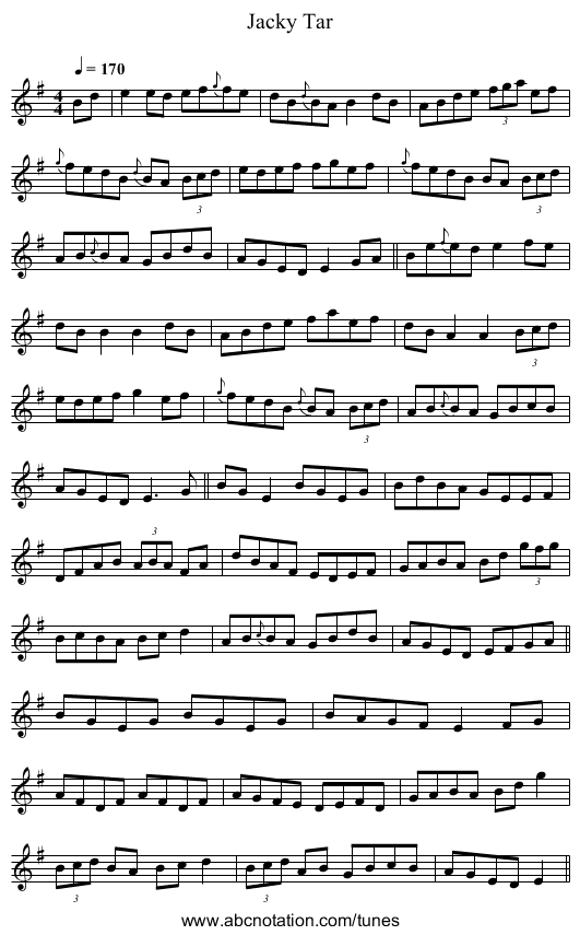 Jacky Tar - staff notation