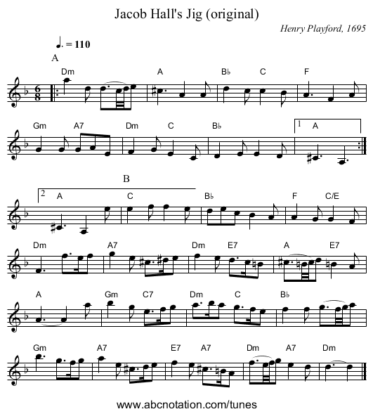 Jacob Hall's Jig (original) - staff notation