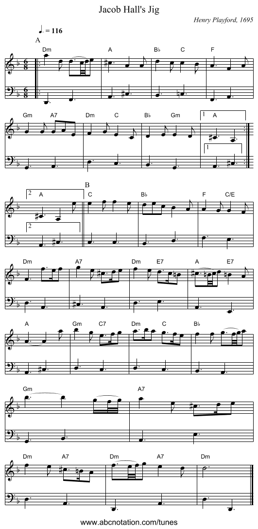 Jacob Hall's Jig - staff notation