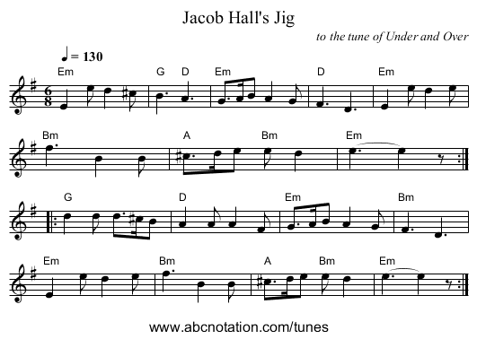 Jacob Hall's Jig - staff notation