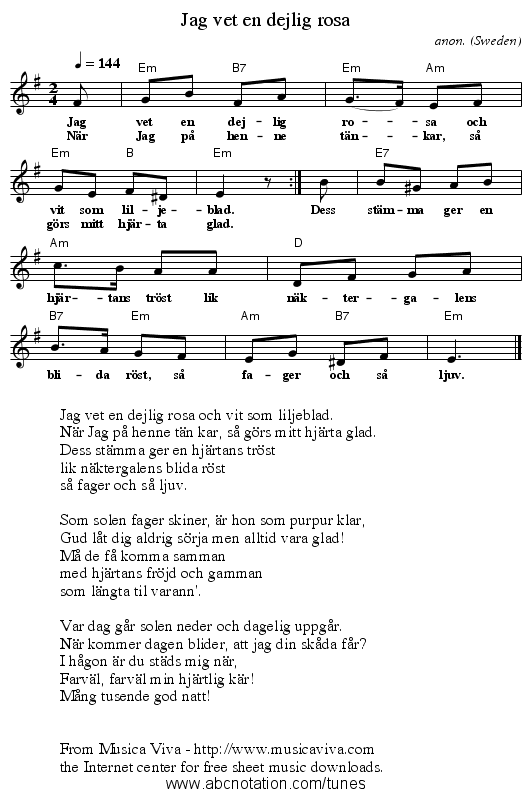 Jag vet en dejlig rosa - staff notation