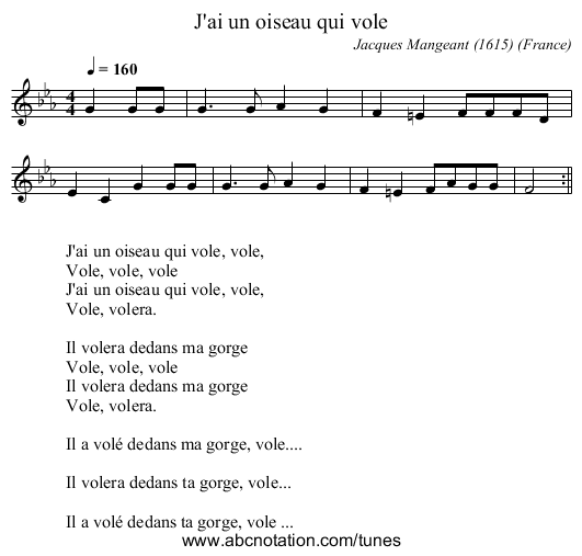 J'ai un oiseau qui vole - staff notation