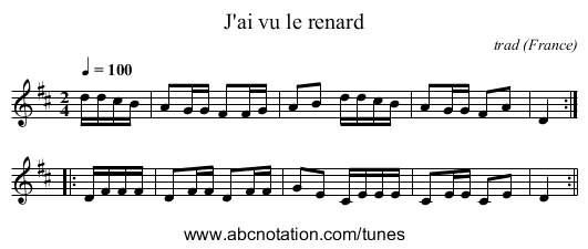 J'ai vu le renard - staff notation