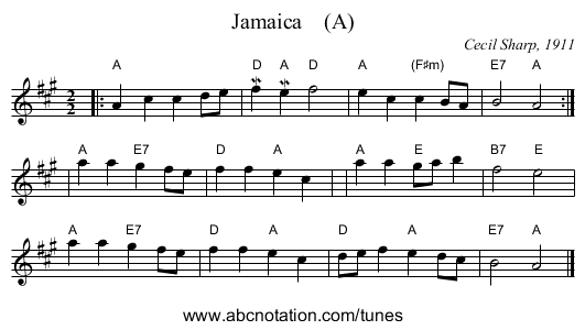 Jamaica    (A) - staff notation