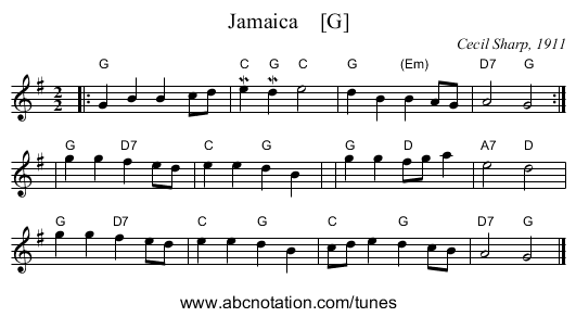 Jamaica    [G] - staff notation