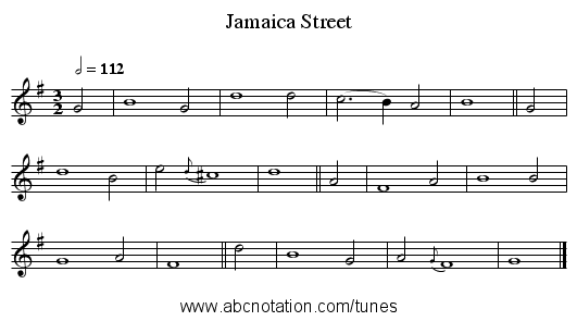 Jamaica Street - staff notation