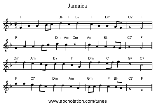 Jamaica - staff notation