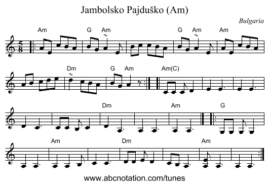 Jambolsko Pajduško (Am) - staff notation