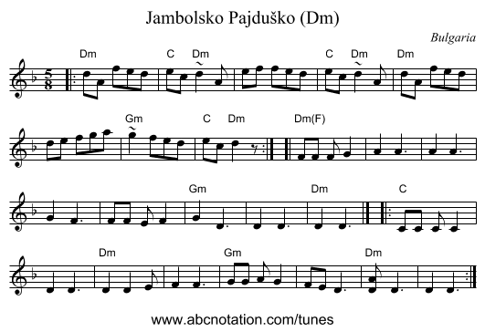 Jambolsko Pajduško (Dm) - staff notation
