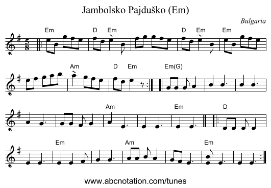 Jambolsko Pajduško (Em) - staff notation
