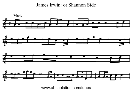 James Irwin: or Shannon Side - staff notation