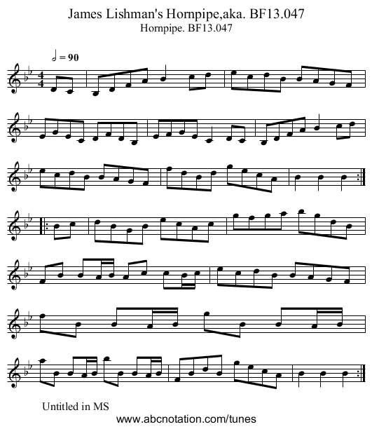 James Lishman's Hornpipe,aka. BF13.047 - staff notation