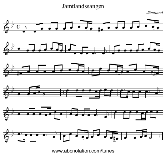 Jämtlandssången - staff notation