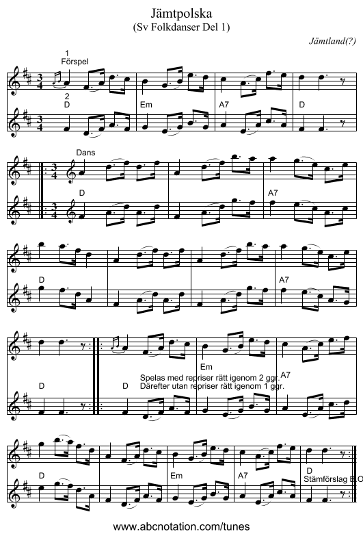 Jämtpolska - staff notation