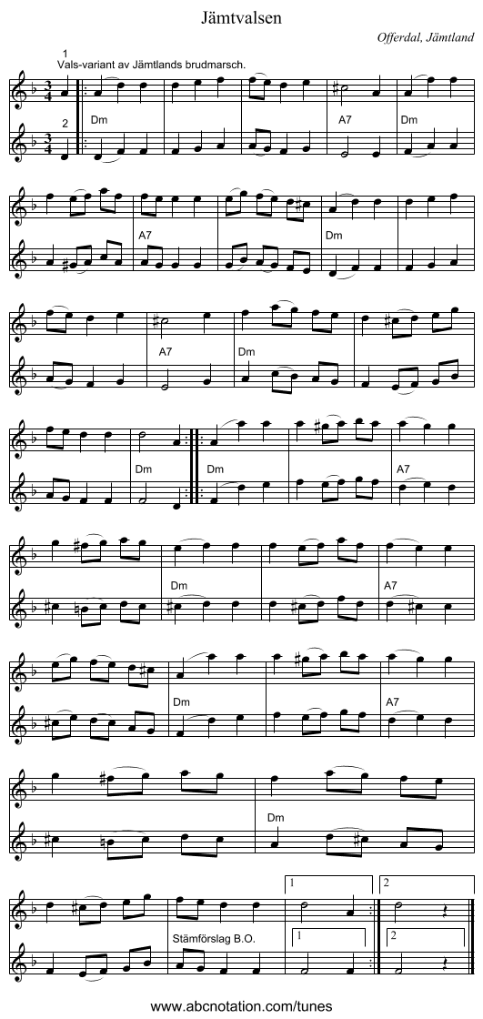 Jämtvalsen - staff notation