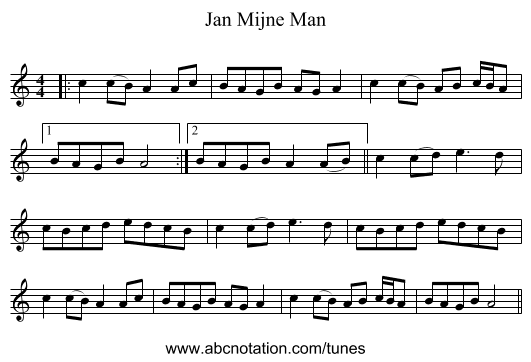 Jan Mijne Man - staff notation