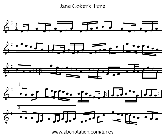 Jane Coker's Tune - staff notation