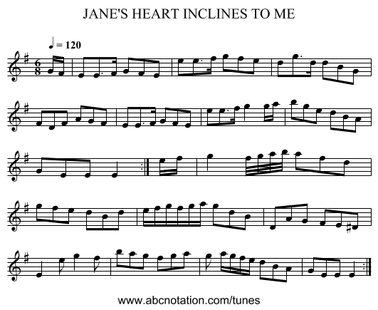 JANE'S HEART INCLINES TO ME - staff notation